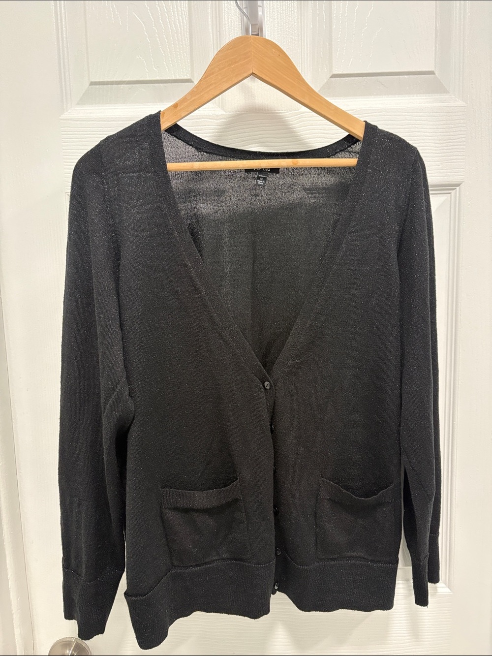 Black Shimmer V-Neck Women's Cardigan with Front Pockets